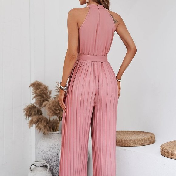 Pink Boho Womens Solid Pleated Belted Halter Jumpsuit - Picture 2 of 5